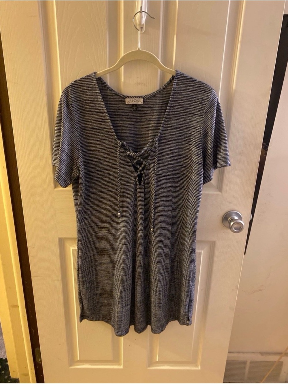 Women's Striped Lace-Up V-Neck Tunic Dress - Blue